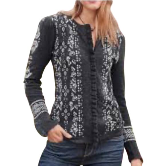 Sundance Anya Nordic Fair Isle Ruffled Wool Cardigan Sweater Black White Small - Picture 1 of 10